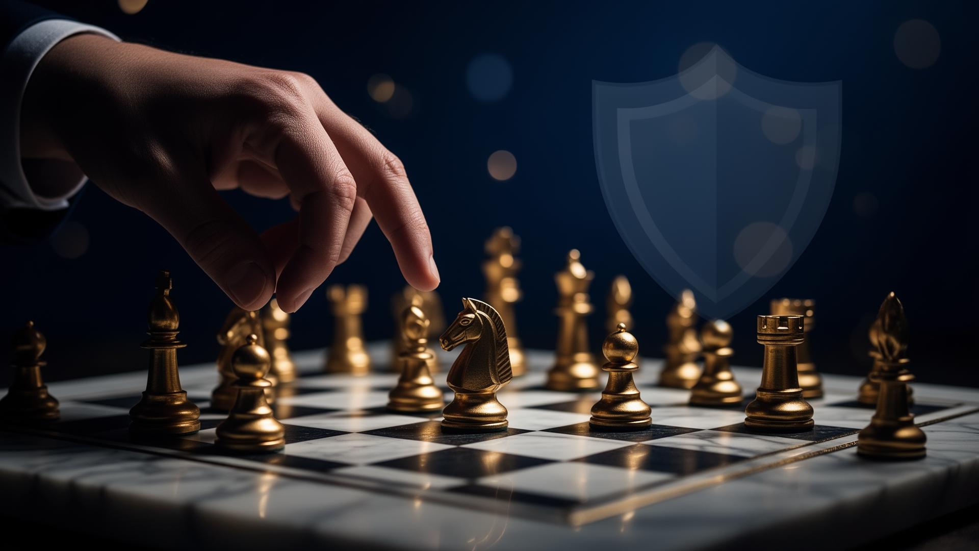 A hand moving a knight on a marble chessboard — strategy, not chance